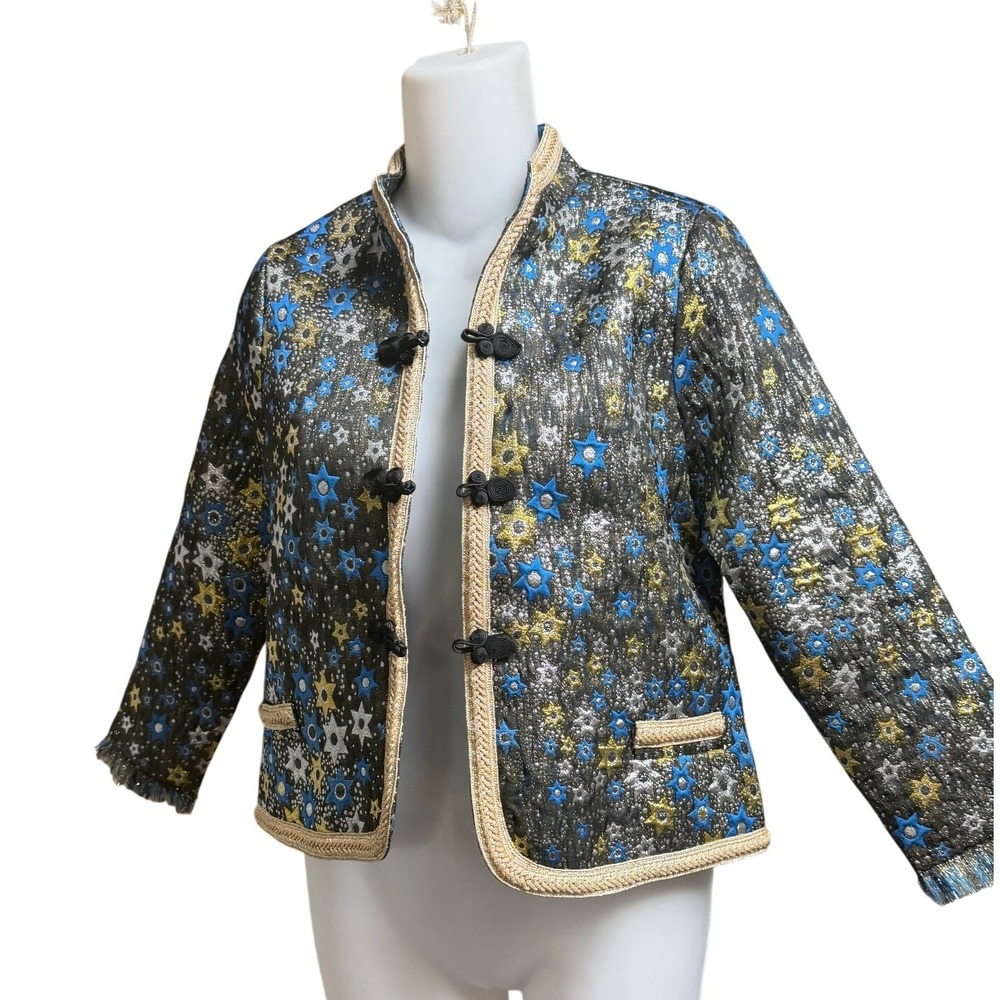 NEW Love Binetti Metallic Star Brocade Jacquard Cropped Jacket S Frog Closure